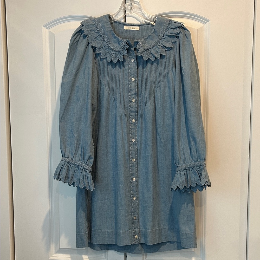 Doen Wing Mini Chambray Dress with Scalloped Ruffle Collar